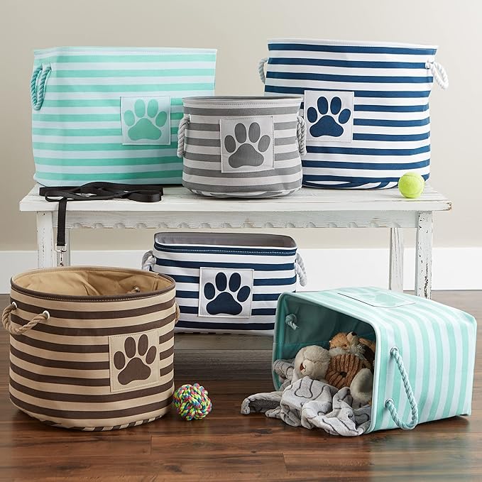 Bone Dry Pet Storage Collection Striped Paw Patch Bin, Small Round, Grayz, Medium Breeds
