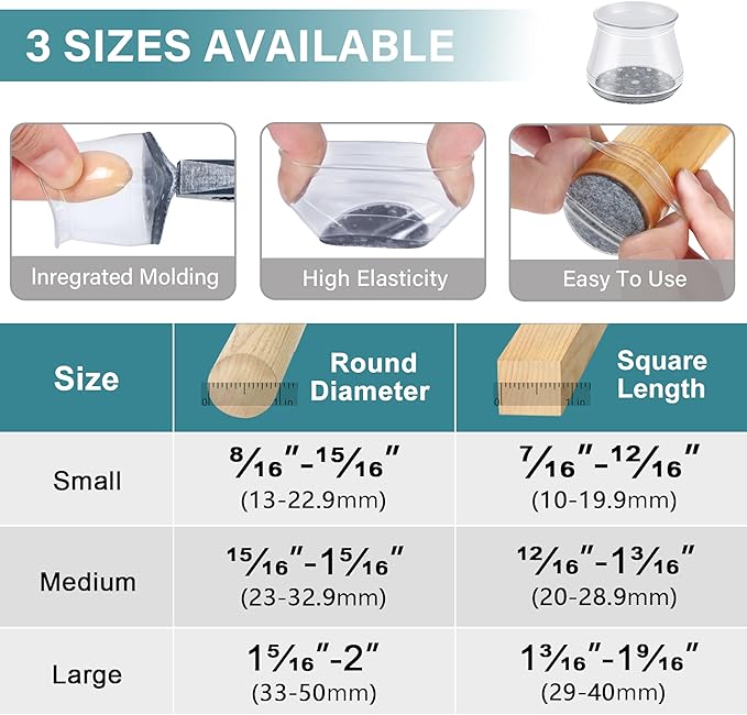 24 Pcs Chair Leg Floor Protectors Round, Silicone Felt Furniture Leg Pads Caps Covers for Hardwood Floors (Fit 15/16" to 1-5/16")