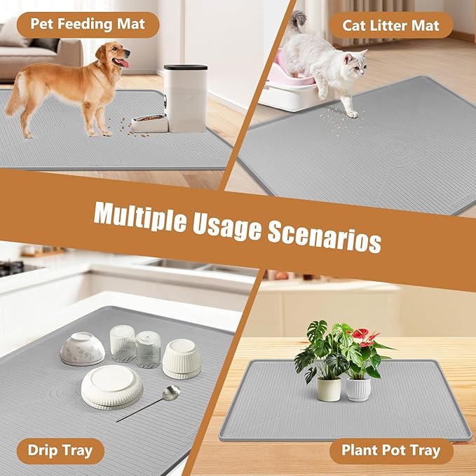 Lorvain Dog Food Mat, 45" x 30" Silicone Pet Feeding Mat with Raised Edges, Extra Large Pet Placemat for Dog Cat Food and Water Bowl Non-Slip, Easy to Clean, Waterproof & Floor Protection, Grey