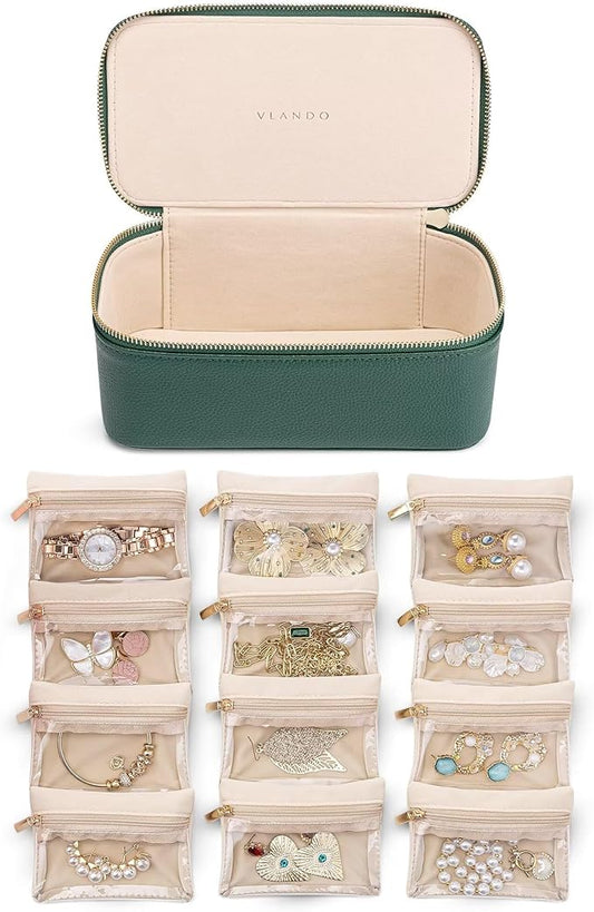 Vlando Jewelry Travel Case,Travel Jewelry Organizer with Clear Velvet Jewelry Bags 12Pcs Zipper Pouch for Women Girl Gift-Green
