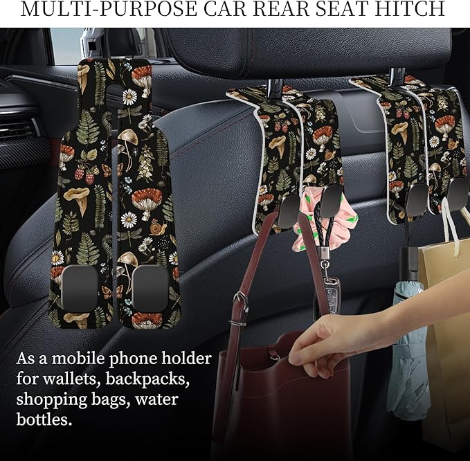PU Leather Car Seat Hook, Storage Headrest Hanger, Cute Car Backseat Organizer, Car Hooks for Purses and Bags Mushroom Forest