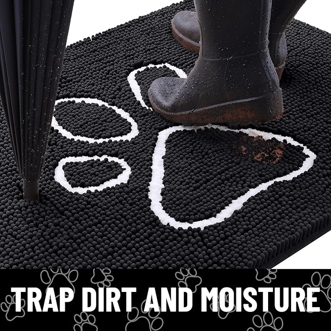 Smiry Dog Door Mat for Muddy Paws, Absorbent Dirt Trapper Non Slip Quick Dry Washable Chenille Mat for Mud Dogs, Entry Rug for Indoor and Outdoor (70x24 Inches, Black and White)