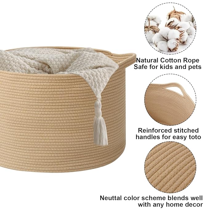 65L Extra Large Woven Cotton Rope Blanket Basket with Handles, Laundry Hamper Storage Bin for Pillows, Comforters,Clothes, Toys, Nursery, Bedroom and Living Room Organization,Camel