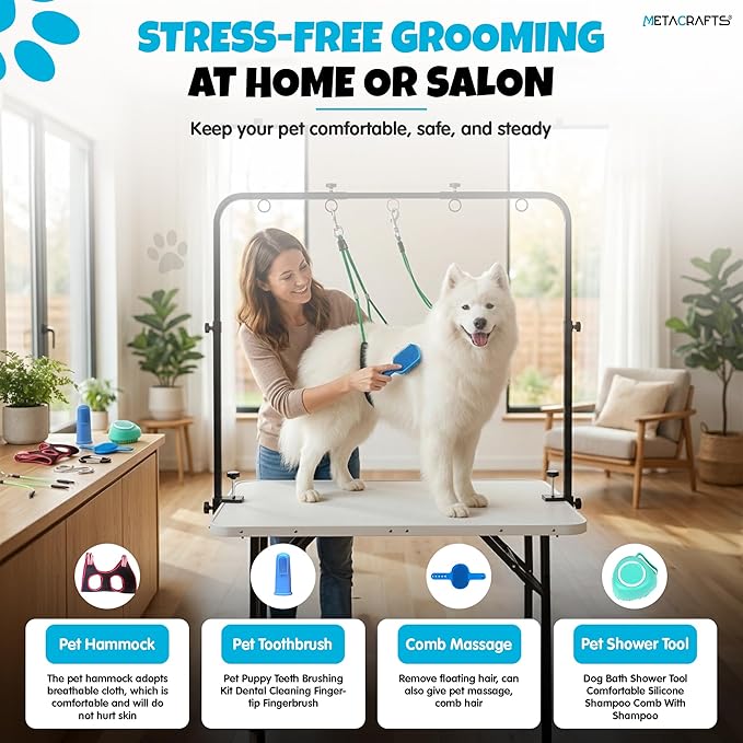 Dog Grooming Arm with Hammock – 42" Adjustable Dog Grooming Stand with Clamp for Table, Foldable Stainless Steel Grooming Arm with Dual Nooses, Ideal for Small and Large Dogs (Table Not Included)