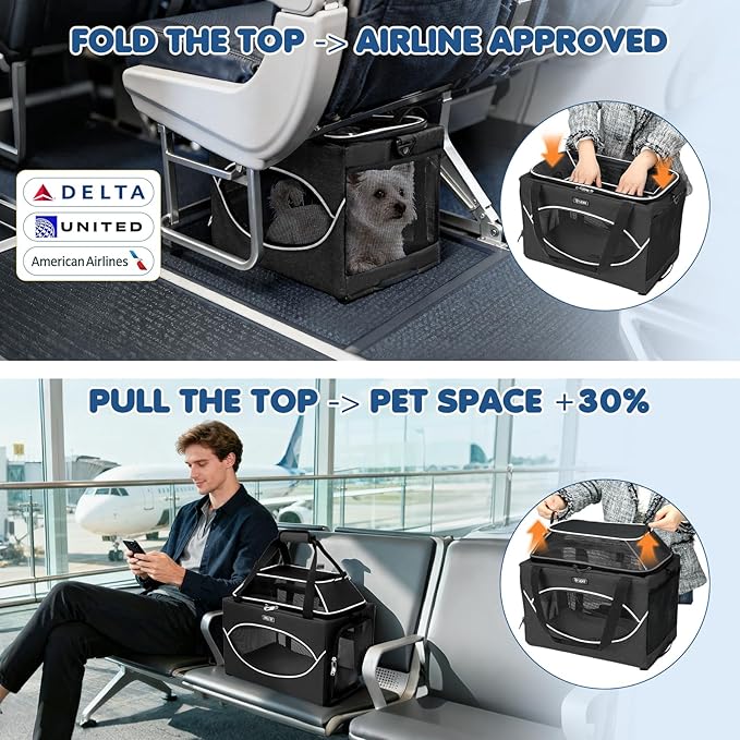 Lekereise Top-Expandable Pet Carrier 17x11x9.5 Inch Alaska Hawaiian Airline Approved Underseat to 12lbs Stable Car Travel Carriers for Small Dogs Cats with Locking Safety Zippers Anti-Scratch Mesh