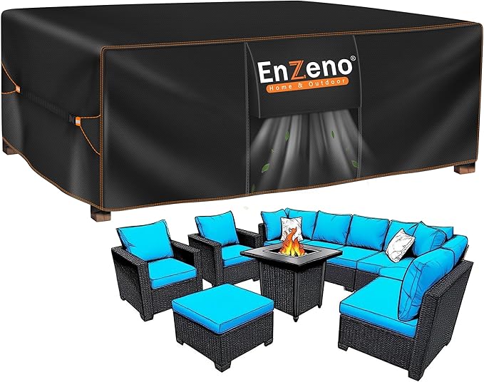 Enzeno Patio Furniture Set Cover, Outdoor Sectional Sofa Couch Set Covers Waterproof, Garden Dining Table Chair Set Cover Outside Rectangular Heavy Duty Weatherproof 90" L x 90" W x 35" H Black