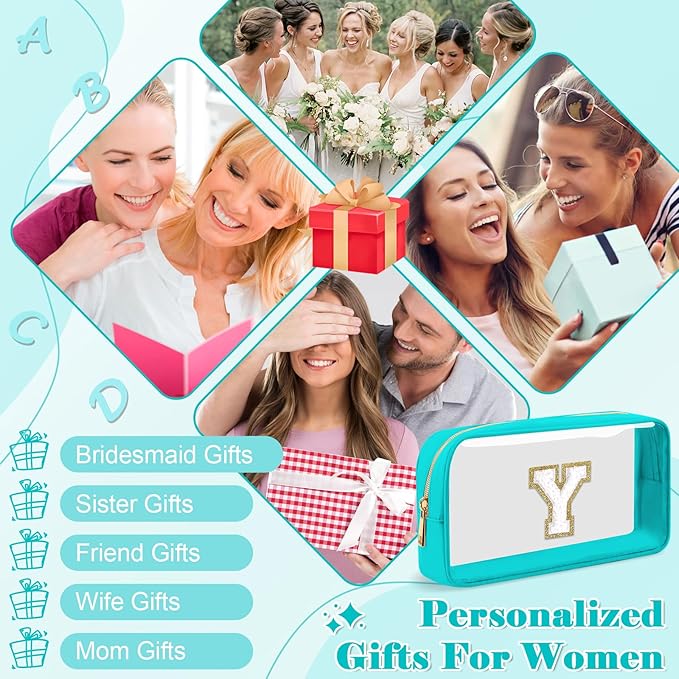 Personalized Initial Letter Clear Makeup Bag,Preppy Small Nylon&PVC Cosmetic Zipper Bag with Chenille Letter,Portable Beach Travel Skincare Toiletry Bag,Trendy Monogram Gift for Teen Girls Women,Y
