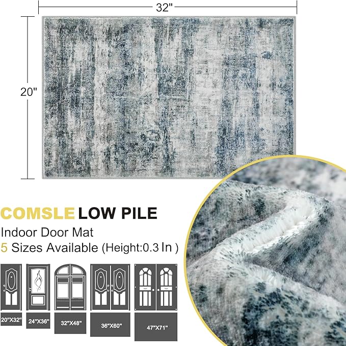 COMSLE Door Mat, Front Door Rug Indoor for Entrance Faux Wool Absorbent Non Slip Modern Throw Rug for Entryway Hallway Muddy Paws - Pet Friendly, 20x32 Inches,Worn Blue Machine Washable