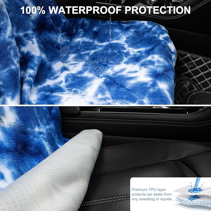Waterproof Sweating Car Seat Cover for Post Gym Workout, Running, Swimming, Beach and Hiking, Universal Fit Non-Slip Bucket Seat Protector for Cars SUV Trucks, Machine Washable (Tie-Dye Blue)