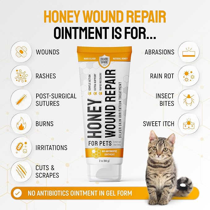 Cat Wound Care Gel for Scratches, Bites, & Irritations – Hot Spot Treatment for Cats & Kittens – Honey Wound Repair Ointment in Gel Form with Colloidal Silver & Honey for Topical Use – 2 Oz Tube