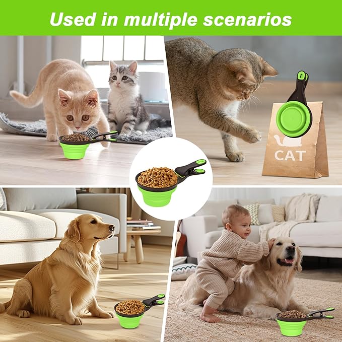 PNEUICALLY Collapsible Silicone Dog Food Scoop Foldable Pet Food Measuring Cup with Bag Clip 3 in 1 Multi-Function Silicone Dog Food Scooper (Green, Large)