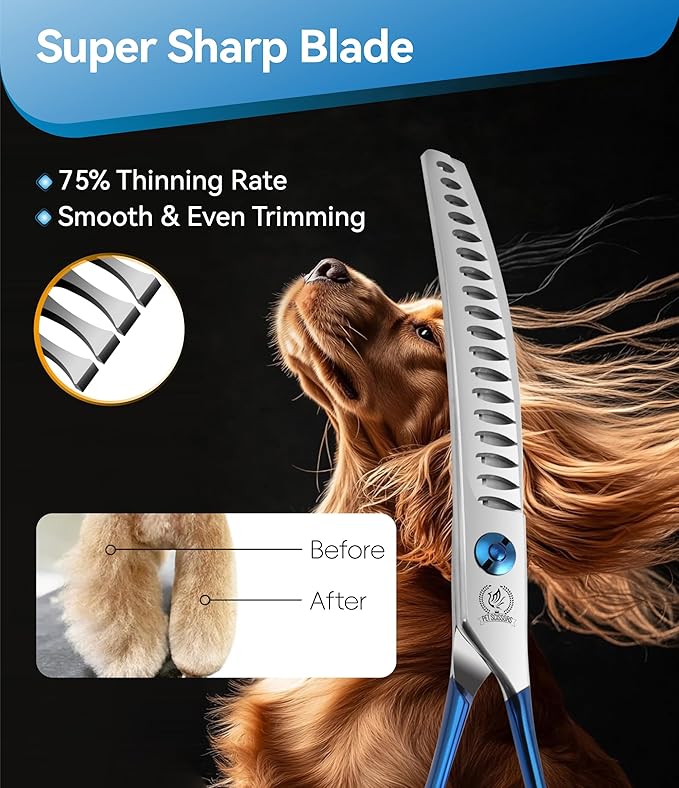 Fenice Peak Curved Chunkers Dog Grooming Scissors with Coating 440C Stainless Steel, 7 inch Professional Chunker Shears，25 Degree of Curved Blade，Dog Trimming Scissors for Grooming Face and Paws