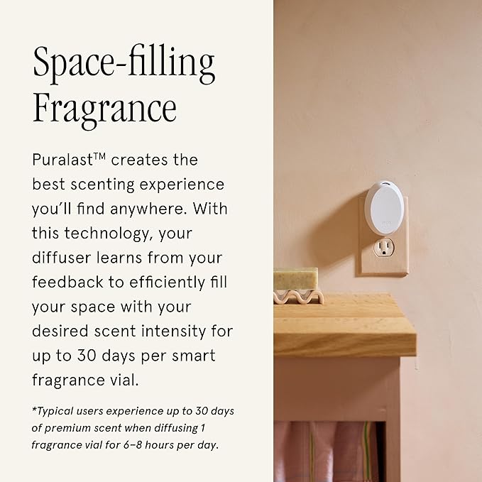 Pura Mini Smart Fragrance Diffuser for Small Spaces Adjustable Smart Home Device with LED Light & Automatic Vial Detection - Includes 1 Scent Refill; White Tea no.1