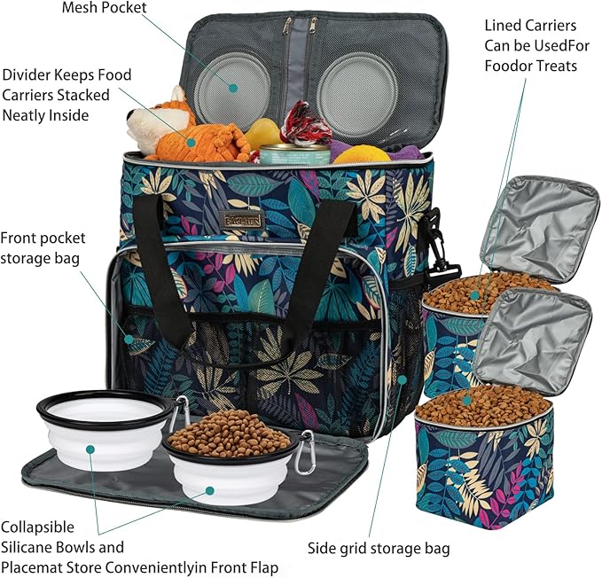 BAGLHER Dog Travel Bag, Pet Travel Bag (All Pet Travel Supplies), with 2 Pet Food Containers and 2 Collapsible Silicone Bowls; Essential Kits for Travel Hawaii