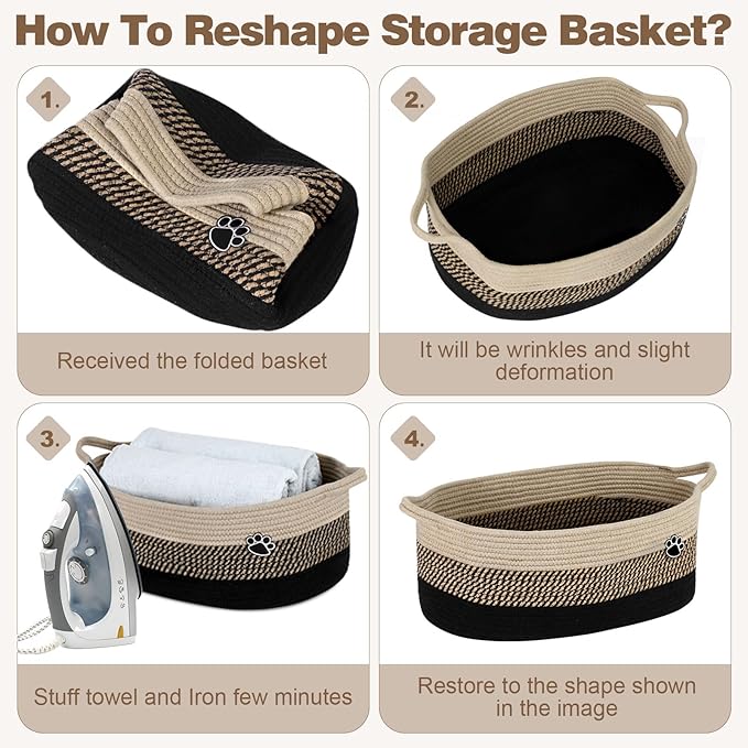 Dog Toy Basket, Toy Box and Bin for Dog Cat Storage, 19.7" X 11" X 7.9" (30L) Large Woven Rope Basket for Blanket Storage, Living Room, Bedroom, Black & Brown