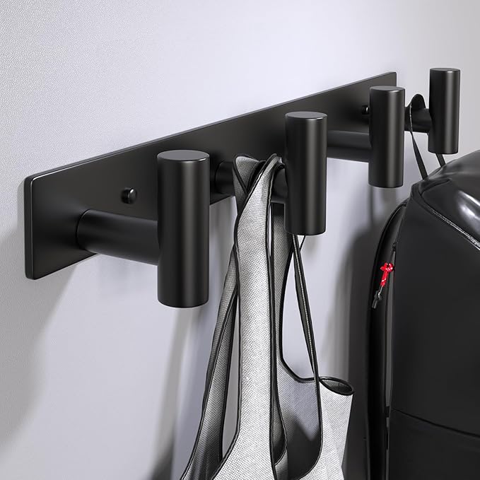 VINHOLD Coat Rack Wall Mounted-4 Hooks, Heavy Duty Stainless Steel Wall Hooks for Towel Coat Bag, Hat Rack Coat Hanger Coat Hooks Towel Racks for Bathroom Entryway Kitchen Hotel (Black, 2 Packs)