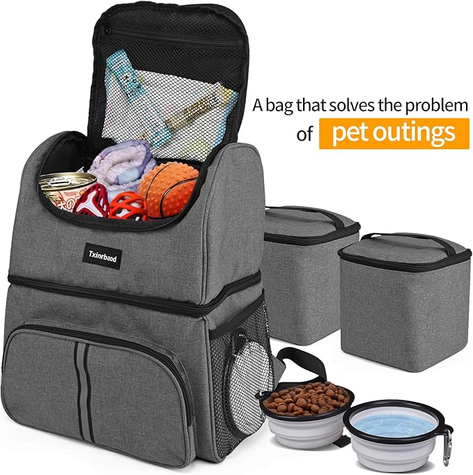 Txinrbaod Dog Bags for Traveling Pet Diaper Bag Airline Approved Dog Food Travel Bag with 2 Food Storage Containers Bag Pet Camping Essentials Hiking Accessories Gift Gray