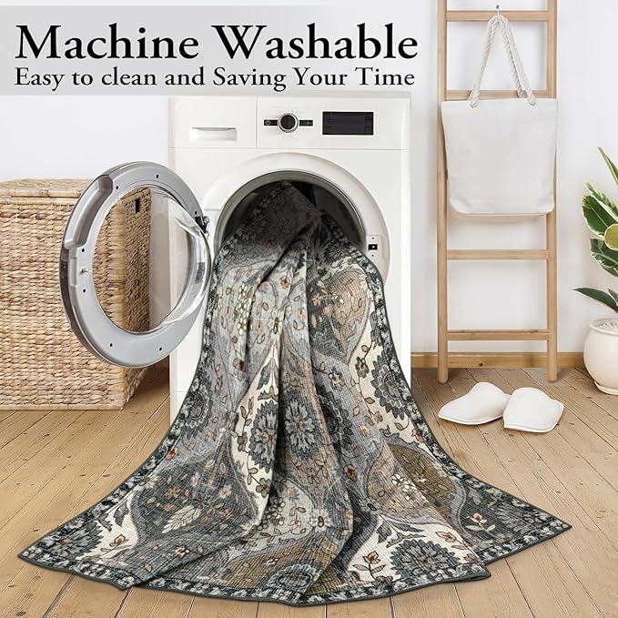 Lahome Moroccan Washable Living Room Rug, 5x8 Rugs for Bedroom Dining Room, Soft Non-Slip Non Shedding Boho Distressed Throw Carpet for Nursery Office Elise, Grey