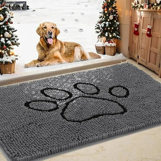 Dog Door Mat for Muddy Paws, Pet Rug Chenille Absorbent Outdoor Doormat 30"x 20", Non Slip Heavy Indoor Doormat Soft Front Inside Doormats for Entryway, Mud Paws, Patio,Dog Paw Black Grey