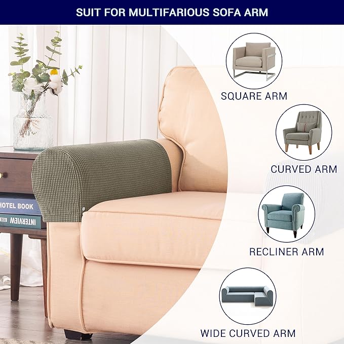 SUBRTEX Stretch Couch Arm Covers Set of 2, Checkered Sofa Arm Slipcovers, Anti-Slip Armrest Covers for Recliner and Armchairs, Pet Proof, High Stretchy, Hook & Loop Tape, Olive Green
