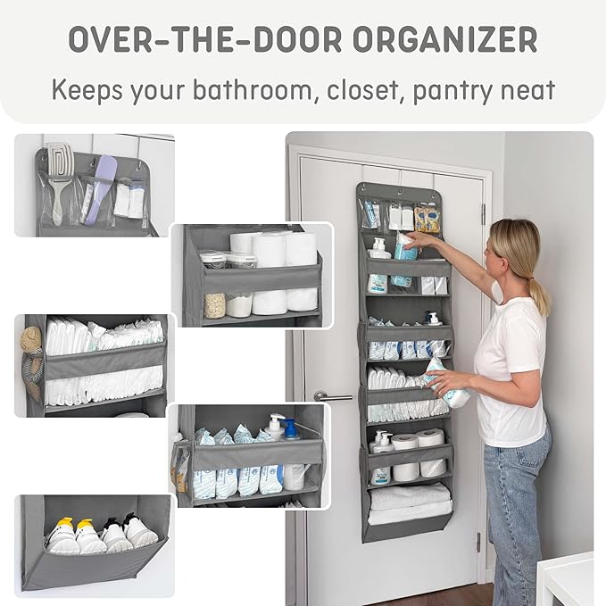 Over The Door Organizer Hanging with 5 Large & 6 Side Pockets 5 Tier Behind Door Storage 50 lbs for Closet, Nursery, Bathroom Door Organizer, 1 Pack, Grey