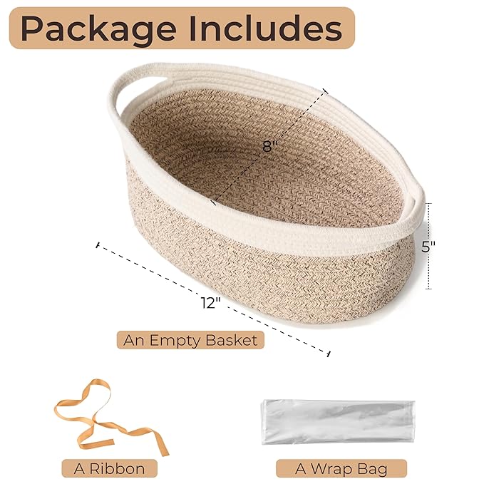 Small Woven Gift Basket Empty with Bag & Ribbon - Gifts for Mom, Baby Shower, Birthdays & Raffle - Cotton Rope Storage Basket for Dog Toys or Shelf - 12"x8"x5", White & Brown