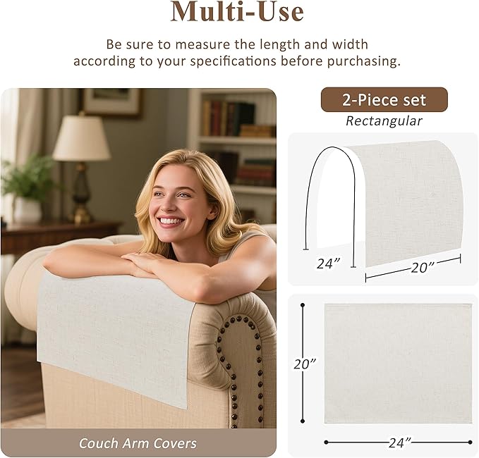 SPWIY Couch Arm Covers Linen Chair Arm Covers Stain Resistant & Anti-Scratch Furniture Protector for Sofa Recliner Armrest Cover for Pets, 2 Pcs, Cream, 20" W x 24" L