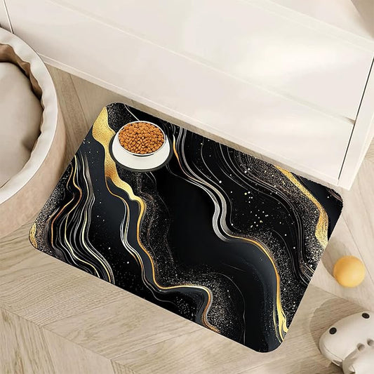 Marble Pet Feeding Mat,Black Gold Flowing Marble Absorbent Quick-Dry Cat Dog Food and Water Bowl Mats,Non-Slip Rubber Backing Mat,Cat Dog Accessories Supplies 16"x24"