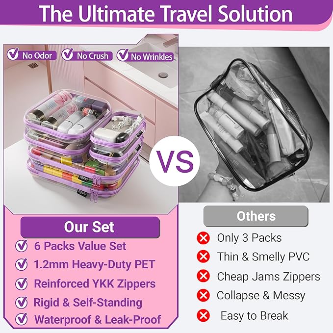 YQBRAO 6 Pack Royal Purple Clear Hard Shell Zipper Case, 1.2mm Heavy Duty Art Supply & Cosmetic Bags, Crush-Proof Storage Pouches for Hobbies, Tech & Makeup (2L, 2M, 2S)