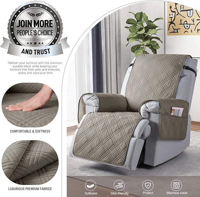 TAOCOCO Waterproof Recliner Chair Covers 30 Inch Wide, Oversized Recliner Covers for Recliner Chair with Pocket, Recliner Slipcovers with Straps Furniture Protector for Kids Pets (30'', Light Brown)