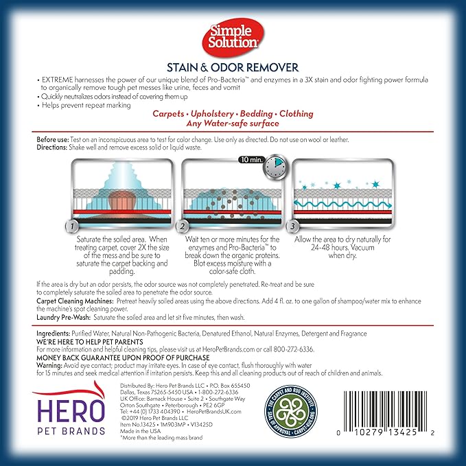 Simple Solution Stain & Odor Eliminator for Pets, Carpet Deodorizer, Enzyme Pet Odor Eliminator for Home, Stain Remover for Cat & Dog Pee, Urine Destroyer, Carpet Cleaner Spray, Spring Breeze, Gallon