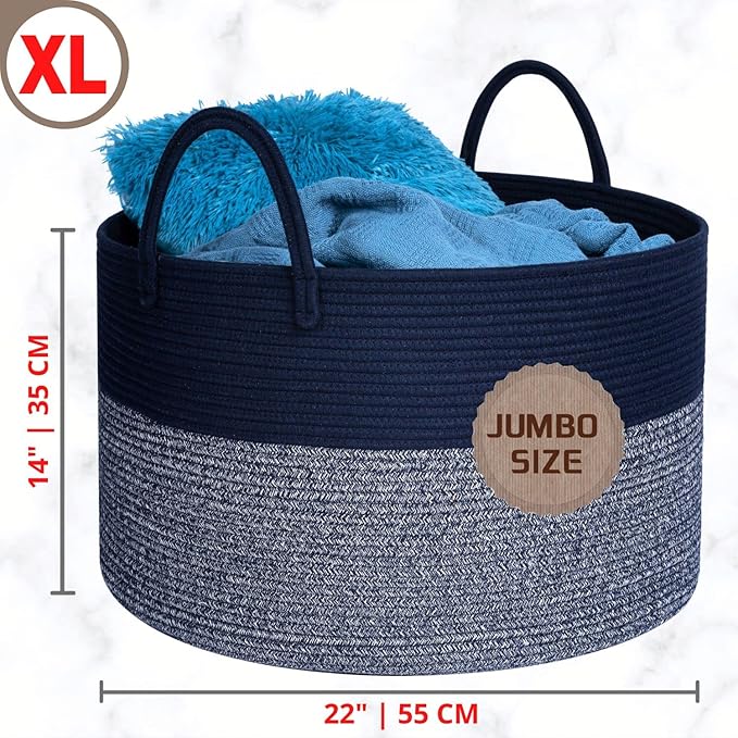 MINTWOOD Design Extra Large 22 x 14in Decorative Woven Cotton Rope Blanket Storage Basket Bin Living Room with Long Handles, Laundry Hamper for Pillows, Pool Towels, Dog Toys, Shoes, Navy Blue