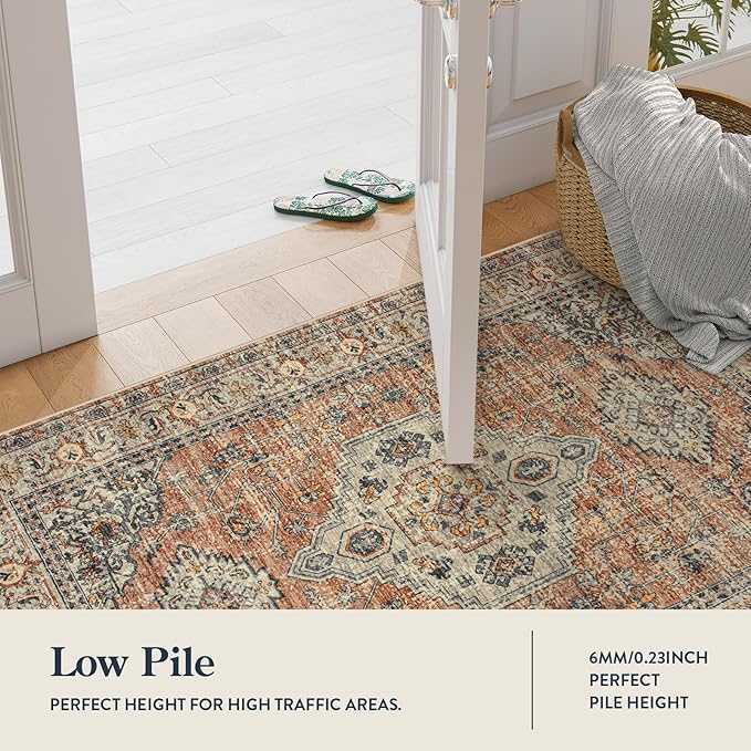 Lahome Oriental Washable Runner Rug Non Slip, 2x7 Rug Runners for Hallways Non Slip Vintage Ultra-Thin Soft Long Carpet for Kitchen Laundry Room Bedroom Eleanor, Peach/Orange