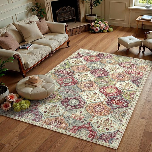 Lahome Moroccan Trellis Washable Small Area Rug, 3x5 Black Rug for Bedroom Living Room, Non-Slip Oriental Throw Carpet for Kitchen Office Entryway Bathroom Office Elise, Orange/Terracotta