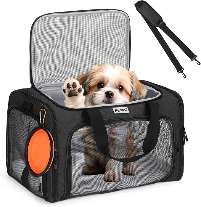 Pet Carrier for Cats & Small Dogs, Travel Carrier with Anti-Collapse Support, Chew Resistant Buckles, Luggage Sleeve, Multi-Pocket Storage, Reversible Mat & Bowl (Black, Medium (17.5"x11"x11.5"))