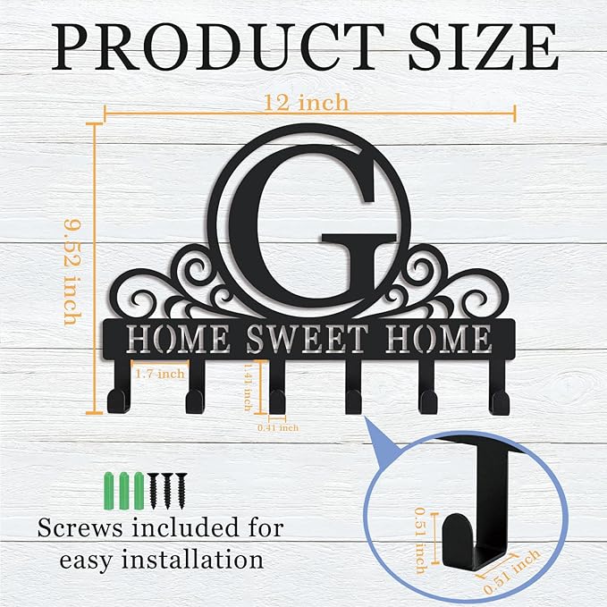 Metal Letter G Key Holder for Wall, Monogram Coat Rack Wall Mount, Key Hooks Perfect for Bathroom, Living Room, Kitchen, Office Ideal Wedding, Anniversary, Housewarming Gift (G)