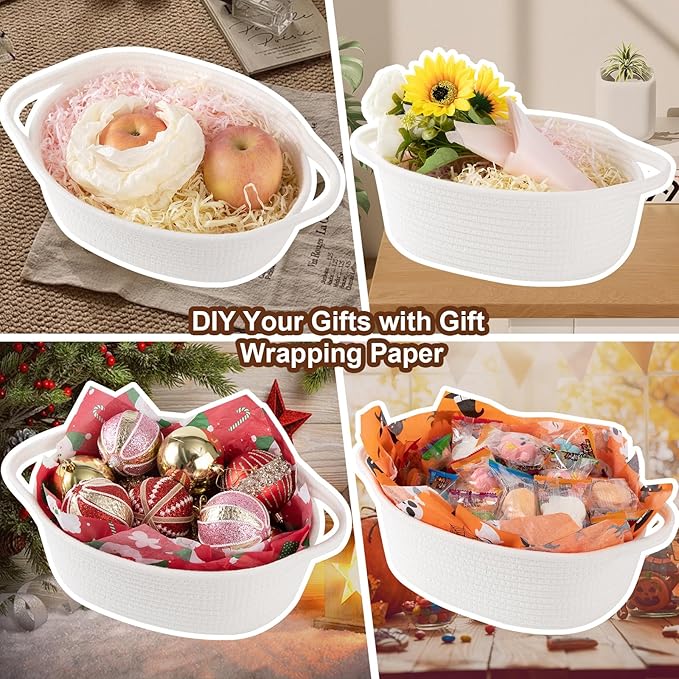 OIAHOMY Gift Basket with Handle, Small Woven Basket with Gift Bag, Ribbon and Wrap Tissue Paper, Nursery Bins Empty to Fill with Small Items, Baby, Pet Toy Organizer - White