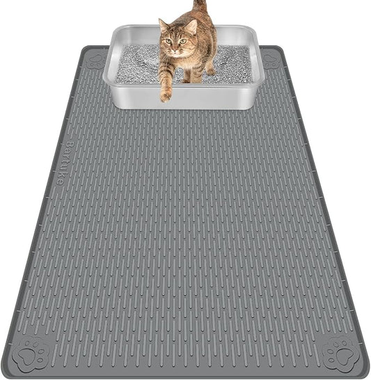 Bartuke Cat Litter Mat, Extra Large 34" x 22" Silicone Mat Litter Trapping Mat for Scatter Control, Soft on Kitty Paws, Easy to Clean (Dark Grey)