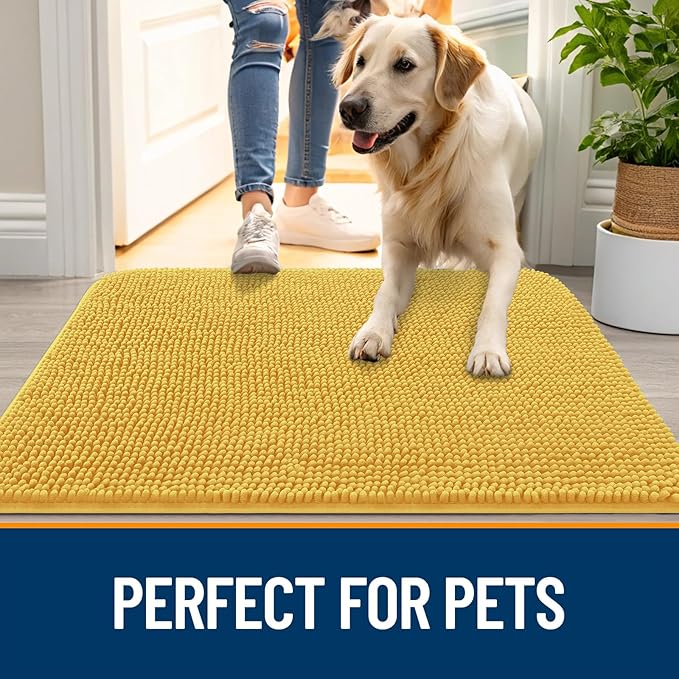 OLANLY Dog Door Mat for Muddy Paws 44x32, Absorbs Moisture and Dirt, Absorbent Non-Slip Washable Doormat, Quick Dry Chenille Mud Mat for Dogs, Entry Indoor Entryway Carpet for Inside Floor, Yellow