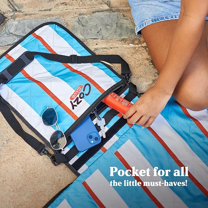 Cozy Club Waterproof Picnic Blanket Foldable Outdoor Mat with Pocket, Stakes & Shoulder Strap | Sandproof, Durable & Portable for Beach, Camping, Sporting Events & Travel | US Brand