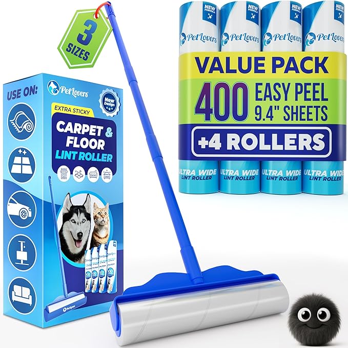 PetLovers Large Lint Roller with 3 Refills – 400 Total Sheets for Tackling Pet Hair, Extra Large Floor and Carpet Roller for Homes with Pets, Perfect for Floors, Furniture, and Loving Pet Owners