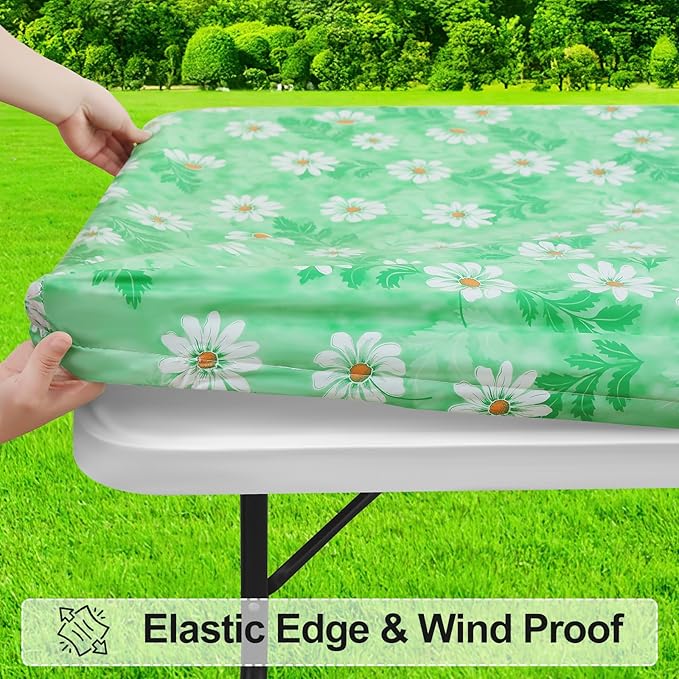 misaya Rectangle Vinyl Tablecloth, Fitted Table Cover, 100% Waterproof, Elastic Edge, Plastic Table Cloth Fit 6 Foot Folding Tables for Picnic, Camping, Outdoor (Green Daisy, 30x72 inch)