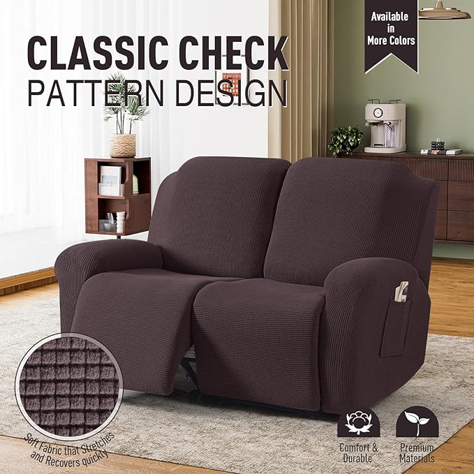 TAOCOCO Recliner Loveseat Slipcover, 6 Pieces Dual Recliner Sofa Covers for 2 Seat Dual Reclining Loveseat Couch, Stretch Soft Jacquard Pattern Furniture Protector with Elasticity (2XL, Chocolate)
