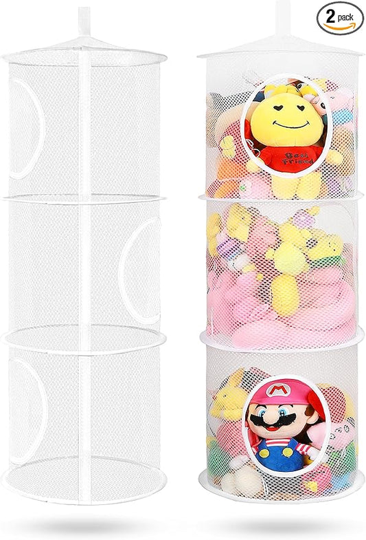 2Pcs Stuffed Animal Storage Foldable Stuffed Animal Net or Hammock Organizer, 3 Compartments Hanging Mesh Toy Storage Hammock for Kid Room Toys, Gloves, Hats, Socks(White)