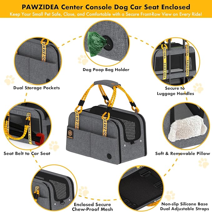 PAWZIDEA Center Console Dog Car Seat, Enclosed Small Dog Armrest Booster Carseat, Secure Straps &Anti Slip, Portable TSA Approved Puppy Pet Carrier Soft-Sided, Removable Pillow Storage Pocket, up 12lb
