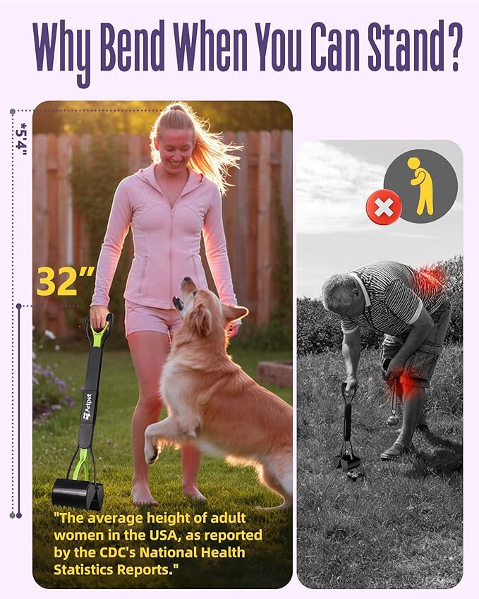 32 Inch Dog Pooper Scooper Long Handle for Large Dogs for Yard – No Bending Great on The Back, Ease of Pick Up, Convenient, Heavy Duty, Grass Friendly, Plastic, Green