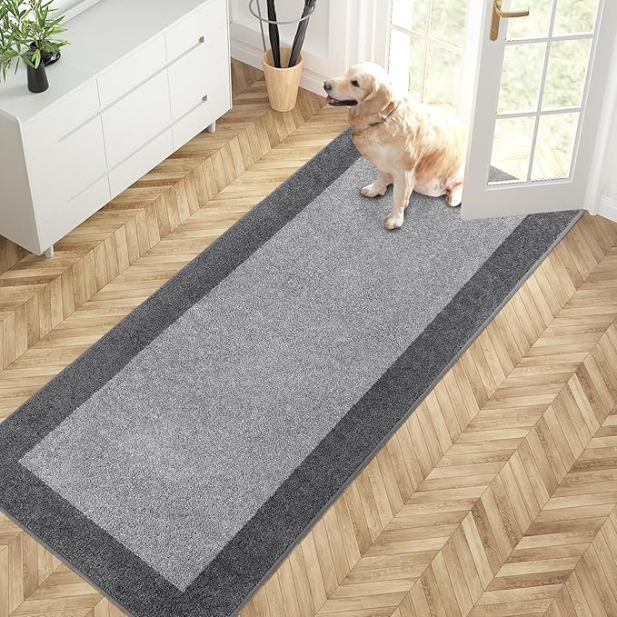 PURRUGS Dirt Trapping Door Mat 32" x 72", Non-Slip Machine Washable Entry Rug, Entrance Mat, Indoor Front Door Mat, Super Absorbent Entryway Rug for Muddy Shoes & Paws, Light Grey & Grey