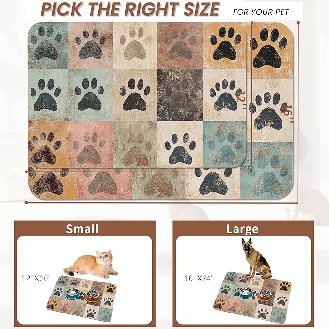 Cute Cat Paw Print Dog Food Mat for Floors,Vintage Absorbent Pet Food and Water Bowl Mats,Non-Slip Pet Feeding Mat,Pet Supplies 12" x 20"