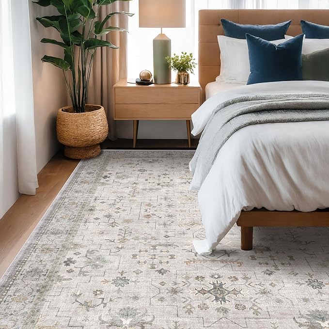Boho Light Grey Living Room Rug 8x10 - Modern Vintage Eclectic Floral Pastel Neutral Taupe, Washable Low Pile Non-Slip Extra Large Area Rugs for Dining Under Table Bedroom Lounge