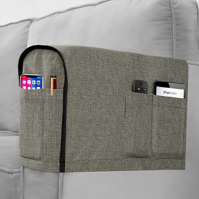 Joywell Arm Chair Covers for Living Room Anti-Slip Sofa Arm Protector for Dogs, Cats, Pets Armchair Slipcover for Recliner with 4 Pockets for TV Remote Control, Phone, Set of 2, Light Grey